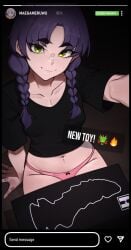 2d bad_dragon_dildo black_shirt braids close_friends_story dildo dragon_dildo epic_games fortnite fortnite:_battle_royale green_eyes instagram instagram_story lilatole mae_(fortnite) panties pink_panties purple_hair selfie shirt small_breasts smile tagme white_body