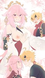 1boy 1girls blonde_hair blush blush_lines breast_slip breasts breasts_out covering_breasts cute exposed_breasts exposing_chest face-to-face female female_focus fox_ears fox_girl genshin_impact green_eyes k4xdkskmeonk long_hair male male/female pink_hair purple_eyes putting_clothes_on self_exposure straight surprised surprised_expression sweet thoma_(genshin_impact) yae_miko