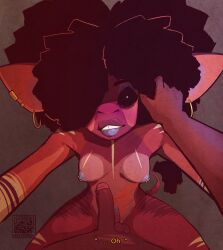 anthro areye_(artist) black_eyes breasts dialogue ear_piercing ear_ring first_person_view genitals gynomorph hair hair_over_eye hi_res intersex intersex/male lo-lo_(areye) male nipple_piercing nipples one_eye_obstructed penis piercing red_body red_scales ring_piercing scales scalie