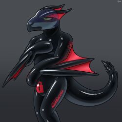 absurd_res anthro blue_body blue_scales blush capcom chastity_bulge chastity_device dolfengra fish flying_wyvern gag green_eyes hacony hi_res latex lock_symbol male marine mask mitts monster_hunter nargacuga nose_tube null_bulge red_latex rubber-suit scales shark solo wings