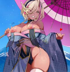 1girls absurdres areolae bare_shoulders blonde_hair blue_kimono breasts breasts_out dark-skinned_female dark_skin female female_only highres huge_breasts indie_virtual_youtuber japanese_clothes kimono large_areolae large_breasts long_hair long_sleeves looking_at_viewer navel nipples obi off_shoulder open_mouth sash senya_ichiya short_hair short_kimono smile solo tan tomo0843 virtual_youtuber wide_sleeves yellow_eyes