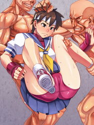 2boys 4st_injection anklehighs blush brown_eyes brown_hair buruma cameltoe capcom clothed_rape defeated defeated_heroine female fingernails hairband highres human imminent_rape imminent_sex male panties partially_visible_vulva rape sakura_kasugano school_uniform serafuku shoes short_hair sneakers socks socks_and_shoes spread_legs straight straight_hair street_fighter sweat tomboy turn_cuff_socks underwear white_socks