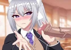 1boy 1girls angry animated big_penis blush censored clothed disgusted erect_penis erection grey_hair handjob higuchi_kaede indoors light-skinned_female light-skinned_male light_skin mosaic_censoring nijisanji nose_blush penis ponytail purple_eyes sound sudou37 tagme uniform video virtual_youtuber