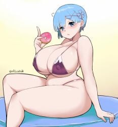 1girls 2023 allbeatnik alternate_body_type bangs big_breasts bikini blue_eyes blue_hair curvaceous curvy donut female female_only food hair_ornament looking_at_viewer matching_hair/eyes nipple_bulge re:zero_kara_hajimeru_isekai_seikatsu rem_(re:zero) short_hair side_view sitting slightly_chubby solo thick_thighs x_hair_ornament