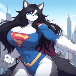 ai_generated anthro big_breasts black_hair blue_eyes blue_sky breasts building buildings canine canis cloud clouds costume fluffy huge_breasts long_hair luni_the_wolf mammal muscular_female outside sky superheroine thick_thighs thighs white_fur wolf