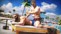 2boys 3d 3d_(artwork) 3d_model beach bromance drinking_soda f0-star friendly gay guardians_of_the_galaxy guardians_of_the_galaxy_(game) human human_only male male_bonding male_only marvel marvel_cinematic_universe muscular muscular_male naked naked_male nonsexual nude nude_male paradise peter_quill playful poolside starlord sunscreen sunscreen_on_back swimsuit thor_(marvel) thor_(series) yaoi