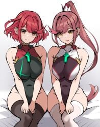 2girls alluring bed big_breasts bikini core_crystal daughter glimmer_(xenoblade) matrix16 milf mother mother_and_child mother_and_daughter nintendo on_bed ponytail pyra red_eyes red_hair short_hair xenoblade_(series) xenoblade_chronicles_2 xenoblade_chronicles_3 yellow_eyes