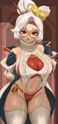 1girls big_breasts breasts coat curvaceous eyeshadow eyewear female female_only ggrimmfield glasses hair hair_ornament half-closed_eyes hips huge_breasts legwear lips looking_at_viewer nintendo open_coat purah purah_(tears_of_the_kingdom) red_eyes red_eyeshadow red_glasses red_thong skimpy skimpy_clothes smile solo solo_female sweater tears_of_the_kingdom the_legend_of_zelda thick_thighs thighs thong virgin_destroyer_sweater virgin_killer_sweater white_hair wide_hips