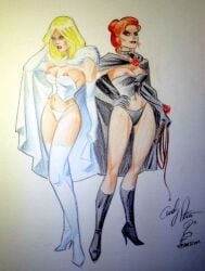 andy_price big_breasts black_queen blonde_hair blue_eyes breasts cape choker cleavage corset emma_frost female green_eyes hellfire_club high_heels jean_grey lingerie lingerie_only marvel marvel_comics navel nipple_slip nipples opera_gloves panties red_hair whip white_queen x-men