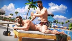 2boys 3d 3d_(artwork) 3d_model beach bromance drinking_soda f0-star friendly gay guardians_of_the_galaxy male male_bonding male_only marvel muscular muscular_male naked naked_male nude nude_male paradise peter_quill poolside starlord sunscreen sunscreen_on_back swimsuit thor_(marvel) thor_(series) yaoi