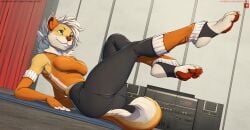 2d absurd_res anthro ass blue_eyes canine clothed feet female female_focus female_only foot_fetish gloves legs lying_on_back orange_ears orange_pawpads pawpads paws solo sportswear stereo twinkle-sez white_hair yellow_fur yoga yoga_mat yoga_pants