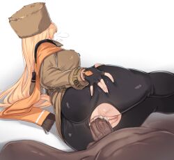 1boy 1girls anal ass black_gloves black_pantyhose blonde_hair brown_coat brown_headwear clothed_female_nude_male clothed_sex coat dark-skinned_male dark_skin facing_away female fingerless_gloves fur_hat gloves guilty_gear guilty_gear_strive hand_on_own_ass hat highres latino_male light-skinned_female light_skin long_hair long_sleeves lying millia_rage mocomori nagoriyuki on_side pantyhose penis pussy sex solo_focus straight torn_clothes torn_pantyhose uncensored