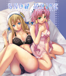 2girls alicia_florence aria bed beret blonde_hair blue_eyes bra braid chemise cum cum_on_body female female_only fingernails green_eyes hat highres human human_only lingerie long_hair looking_at_viewer mizunashi_akari multiple_girls n_funiya nightgown no_visible_genitalia panties pink_hair underwear