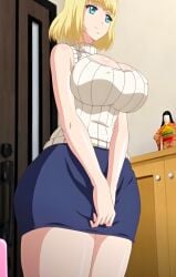 alisa_(katainaka_ni_totsui_de_kita_russia_musume_to_h_shimakuru_ohanashi) big_breasts blonde_hair blue_eyes katainaka_ni_totsui_de_kita_russia_musume_to_h_shimakuru_ohanashi mature_female short_hair skirt sweater sweater_puppies