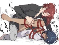 barely_clothed blue_hair blush boy_rape crying crying_with_eyes_open diluc_(genshin_impact) eyepatch forced gay gay_sex genshin_impact incest kaeya_(genshin_impact) male male_only male_rape_victim red_hair tied_arms tied_up yaoi