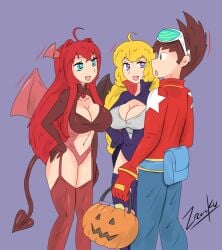 1boy 2girls blonde_female blonde_hair blue_eyes costume crossover geo_stelar halloween high_school_dxd mega_man mega_man_star_force pumpkin_head purple_eyes red_hair red_hair_female rias_gremory rwby succubus_costume succubus_horns succubus_tail succubus_wings vampire_costume vampire_wings yang_xiao_long zronku