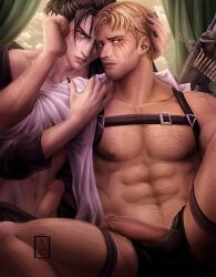 2boys abs attack_on_titan bara bare_pectorals black_hair black_male_underwear black_nails black_shirt blonde_hair chest_belt collared_shirt erection eren_jaeger eren_yeager facial_hair facial_mark gay highres homoerotic large_pectorals looking_at_viewer male male/male male_focus male_only male_underwear multiple_boys muscular muscular_male navel nipples open_clothes open_shirt parted_lips pectorals penis reiner_braun sensual shingeki_no_kyojin shirt short_hair stanglassart underwear white_shirt yaoi