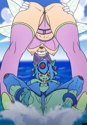 2girls anythinggoes ass_spread asshole big_ass big_breasts color digimon dnts edit fairimon fairymon female female_only frog frog_girl green_skin heart kazemon legs_apart looking_at_viewer lying_down multiple_girls purple_hair ranamon sea semi_nude upside-down water wings