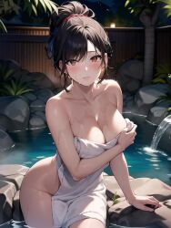 1girls ai_generated ai_mirror big_breasts blush brown_eyes brown_hair fence fountain hot_spring in_water large_breasts long_hair looking_at_viewer looking_uncomfortable nude onsen palm_tree pond ponytail red_hairband rocks towel towel_only water wet wet_body white_skin white_towel