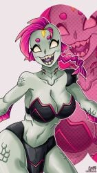 1girls alien ben_10 chaquetrix crowller female fish_girl looking_at_viewer navel open_mouth pink_hair piscciss_volann ripjaws sharp_teeth smile solo