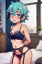 ai_generated bedroom_setting female green_eyes green_hair hands_behind_back looking_at_viewer sinon solo standing sword_art_online toonysphere