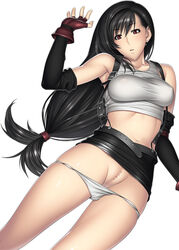 bare_shoulders belt black_hair censored earrings female female_only final_fantasy final_fantasy_vii fingerless_gloves gloves human jewelry kansuke long_hair lying midriff miniskirt navel no_bra no_panties panties panty_pull pussy red_eyes skirt solo square_enix straight_hair suspender_skirt suspenders tank_top taut_shirt tifa_lockhart very_long_hair