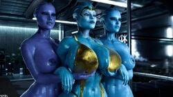 3d 3girls areolae asari ass big_breasts bikini blender_(software) blue_skin breasts curvy female female_only gold_bikini holding_breast hourglass_figure huge_ass huge_breasts mass_effect navel nipples nyes117 oiled oiled_skin plump samara servants_holding_aphrodite's_breasts_(meme) solo thick_thighs wide_hips