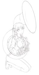 breasts character_request female female_only footwear hair_ribbon highres instrument kneehighs kneeling legs line_art long_hair monochrome nipples no_bra ooji open_clothes open_shirt original ribbon shirt smile socks solo sousaphone straight_hair tied_hair tuba twintails uncensored