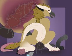 anal anal_sex animal_dildo animal_sex_toy anthro ass avian beak buttplug crouching digital_media_(artwork) dildo equine_dildo female fur gryphon hi_res internal knotted_dildo knotting looking_back lube lube_in_ass lube_on_sex_toy mythological_avian mythology neshi nude open_mouth paws penetration plug_(sex_toy) raised_tail rear_view sex_toy simple_background solo tail