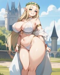 1girls ai_generated big_breasts blonde_female blonde_hair blonde_hair breasts cameltoe celestine_lucross curvy earrings elf elf_ears elf_female elf_girl female female_only green_eyes hourglass_figure kuroinu_~kedakaki_seijo_wa_hakudaku_ni_somaru~ navel nipple_bulge outdoors outside pointy_ears rocksolidart smile solo solo_female thick_thighs very_long_hair wide_hips