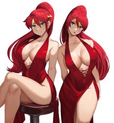 1girls 2024 big_breasts blep cleavage cocktail_dress dress female female_only green_eyes highres huge_breasts large_breasts light-skinned_female light_skin looking_at_viewer nico-mo ponytail pyrrha_nikos red_hair rwby solo tongue tongue_out