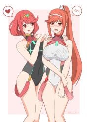 2girls 6oryo_illust :d absurd_res adapted_costume alluring alternate_costume bare_shoulders big_breasts black_one-piece_swimsuit border breasts chest_jewel collarbone commentary_request competition_swimsuit core_crystal core_crystal_(xenoblade) covered_collarbone covered_navel daughter earrings embarrassed eyelashes feet_out_of_frame gem glimmer_(xenoblade) hairband hands_on_another's_shoulders headpiece heart high_ponytail high_res impossible_clothes impossible_swimsuit jewelry legs long_hair matching_outfit matching_outfits medium_hair milf mother mother_and_child mother_and_daughter multicolored_clothes multicolored_swimsuit multiple_girls nintendo official_alternate_costume one-piece_swimsuit open_mouth orange_eyes orange_hair pink_background ponytail pyra_(pro_swimmer)_(xenoblade) pyra_(xenoblade) red_eyes red_hair red_hairband red_one-piece_swimsuit ribbed_swimsuit ryochan96154 short_hair sidelocks skindentation smile spoken_blush spoken_heart standing striped striped_one-piece_swimsuit swept_bangs swimsuit thighs tiara twitter_username two-tone_hairband two-tone_swimsuit vertical-striped_one-piece_swimsuit vertical_stripes white_border white_hairband white_one-piece_swimsuit xenoblade_(series) xenoblade_chronicles_2 xenoblade_chronicles_3 xenoblade_chronicles_3:_future_redeemed