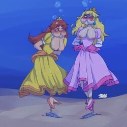 2girls blonde_hair breasts breasts_out brown_hair dress dress_down drowning drowning_with_breasts_out dying earrings female female_only girls_drowning heimlich_heathen high_heels imminent_death mario_(series) multiple_girls nintendo nipples peril princess_daisy princess_peach puffy_cheeks underwater underwater_peril_aladdin