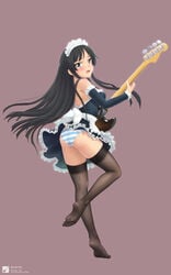 alternate_costume apron ass bass_guitar black_hair blue_striped_panties blush breasts cleavage color cum dress enmaided erect_nipples feet female ffyak guitar highres human human_only instrument k-on! legs long_hair looking_back maid mio_akiyama_(k-on!) musical_instrument panties pussy_juice shimapan silver_eyes solo striped striped_panties tears thighhighs uncensored underwear upskirt