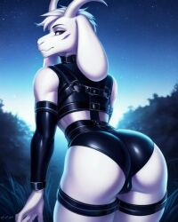 1boy 2d ai_generated anthro asriel_dreemurr asriel_dreemurr_(god_form) ass blue_light bondage bondage_gear bulge cleavage cute_butt diplive7 furry latex male male_only night outdoors outside solo solo_male toby_fox undertale undertale_(series)