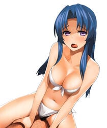 assertive bikini bikini_aside blue_hair blush breasts cleavage clothed_sex cowgirl_position female front-tie_top high_resolution initial-g kawashima_ami licking_lips long_hair medium_breasts pov pubic_hair purple_eyes sex side-tie_bikini straddle straight_hair swimsuit swimsuit_aside tongue toradora! vaginal_penetration