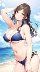 ai_generated beach big_breasts bikini blue_bikini brown_eyes brown_hair busty female half-dressed half_naked hand_behind_head large_breasts light-skinned_female light_skin pale-skinned_female pale_skin sea seaside shore slender water