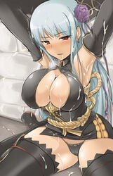 1girls arms_up black_panties blue_hair blush bondage breasts bukkake cleavage clothing cum curvy female female_only femsub flower huge_breasts large_breasts momio no_visible_genitalia panties pokies red_eyes sangokushi_taisen selvaria_bles solo stockings sun_shang_xiang sweat thighhighs underwear valkyria_chronicles very_long_hair zettai_ryouiki