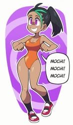 1girls brainwashing dancing dark-skinned_female dark_skin female female_only human humiliation hypnosis mochi_mayhem nemona_(pokemon) one-piece_swimsuit orange_bikini pokemon pokemon_sv pokemon_sv_mochi_mayhem solo stealth_brock text