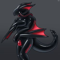 absurd_res capcom chastity_bulge chastity_device flying_wyvern full_body_suit furry hacony hi_res hoses latex lock_symbol male mitts monster_hunter nargacuga non-human null_bulge red_latex rubber_suit solo wings