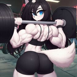 ai_generated anthro black_hair blue_eyes canine canis ceiling_light grey_background gym huge_breasts long_hair luni_the_wolf mammal muscular_female weightlifting weights white_body white_fur wolf