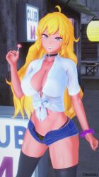 arrancon blonde_female blonde_hair cleavage gyaru hot_pants lollipop long_hair_female long_sleeves purple_eyes rwby tan_body tan_skin yang_xiao_long