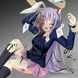 1boy 1girls animal_ears beat black_kneehighs black_legwear blazer blood bruise bunny_ears closed_eyes clothed_rape crying eye_penetration female footwear gore guro humanoid hurt injury jpeg_artifacts kneehighs long_hair magic_penis necktie one_closed_eye open_mouth penis purple_hair rape reisen_udongein_inaba rionoil skirt skull_fucking socks stockings tears teeth touhou translation_request