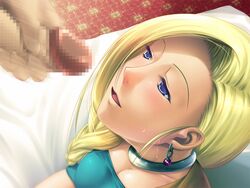 1boy 1girls bangs bed bianca_whitaker blonde_hair blue_eyes blush braid breasts censored cleavage close-up clothed_sex clothing dragon_quest dragon_quest_v dutch_angle earrings face female fingernails from_above hair happy_sex indoors jewelry large_breasts long_fingernails long_hair looking_up masturbation mosaic mosaic_censoring motion_blur necklace open_mouth partial_male penis pink_poison side_braid single_braid smile sweat swept_bangs