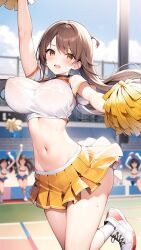 ai_generated big_breasts bouncing_breasts brown_hair busty cheering cheerleader cheerleader_outfit cheerleader_uniform huge_breasts jumping large_breasts pale_skin pom_poms raised_arm skirt sneakers white_shirt white_sneakers yellow_eyes yellow_pom_poms yellow_skirt