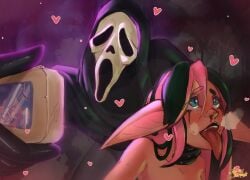 choking choking_during_sex choking_while_penetrating dbd dead_by_daylight ghostface ghostface_(scream) ghostface_mask long_ears long_tongue mask mask_on_head masked masked_male nosebleed taking_picture tongue_out vampire vampire_girl