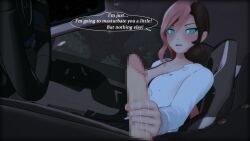 3d blue_eyes car cat_eyes curious_cat_(rwby) english_text handjob koikatsu long_hair looking_away male_in_female_body neo_(rwby) nyxxzeiss possessed possession rwby text_bubble