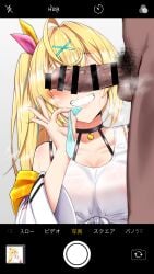 absurdres blonde_hair camera cant_see_the_haters censored condom covered_nipples dark_skin doyagao hair_ornament highres hoshikawa_sara interracial jacket male_pubic_hair naughty_face nijisanji penis penis_covering_eyes penis_on_face penis_over_eyes pubic_hair sekino_takehiro selfie_with_penis shirt side_ponytail smug standing steam sweat used_condom virtual_youtuber white_jacket white_shirt