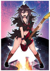 character_request crotch_rub electric_guitar female guitar instrument itou_eito legs loafers masturbation midriff navel original plectrum pussy_juice red_eyes school_uniform serafuku studded_bracelet sweat torn_clothes torn_stockings