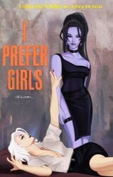 2d 2d_(artwork) 2girls ashe_(overwatch) black_dress black_hair black_skirt blizzard_entertainment book_cover cleavage couple dress earrings evening evening_dress evening_gown female female_only high_ponytail i_prefer_girls lesbian looking_at_partner looking_up_at_partner lying_on_bed lying_on_side meme no_bra overwatch overwatch_2 painted_nails pantyhose pinup ponytail purple_skin reaching_out romance romantic romantic_couple short_skirt skirt standing standing_over strap_slip t-shirt tagme thighhighs touching_hand white_hair widowmaker xieow yuri